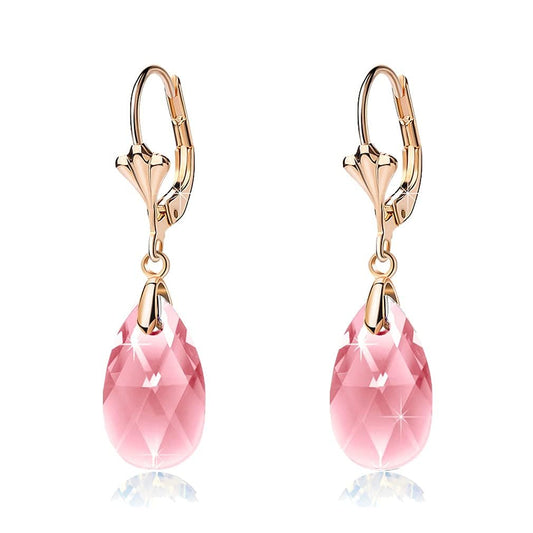 Austrian Crystal Teardrop Leverback Dangle Earrings for Women Fashion 14K Gold Plated Hypoallergenic Jewelry (Pink)