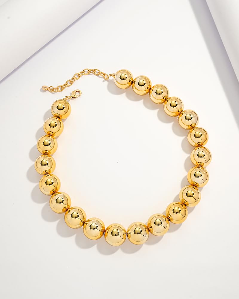 FAUTHENTICUTE Chunky Gold Beaded Necklace for Women Large Round Beads Statement Choker Necklace With Adjustable Extender Chain Trendy Gold Bead Necklace Fashion Boho Summer Beach Jewelry Gifts