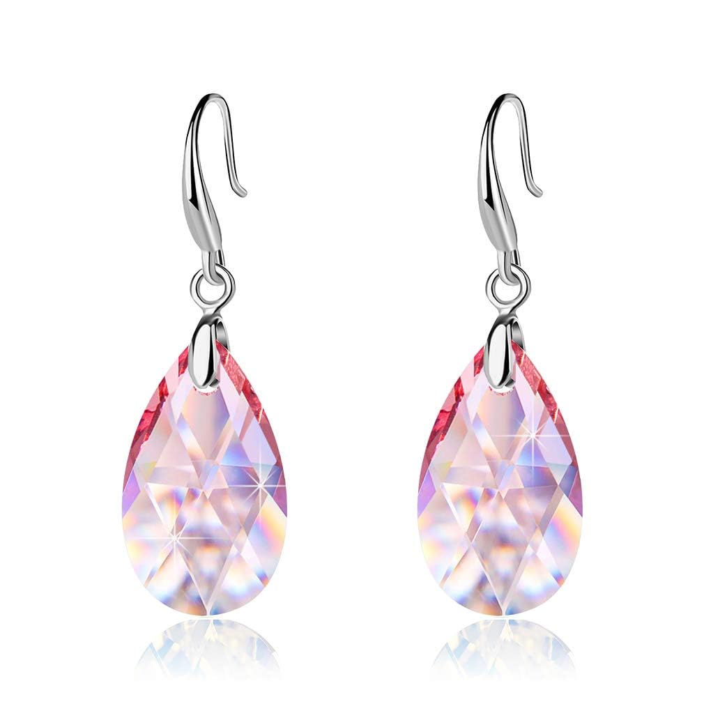 Austrian Crystal Teardrop Dangle Hook Drop Earrings for Women 14K Gold Plated Hypoallergenic Jewelry (Pink)