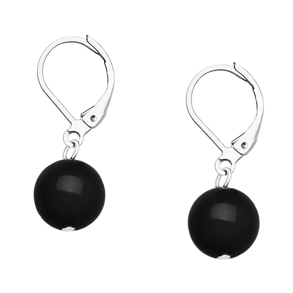 Falari 10mm Round Natural Stone Earring High Polished Rhodium Leverback Black Onyx