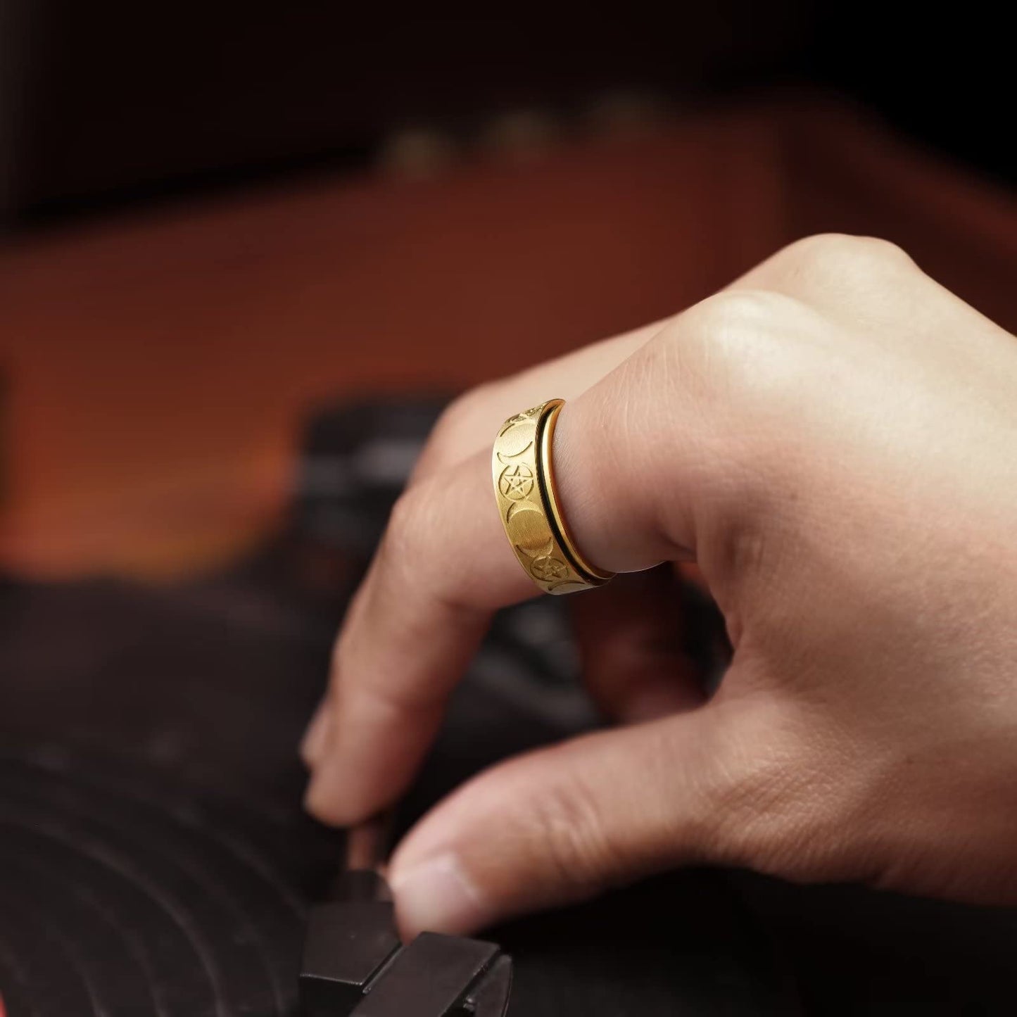 King Will Mens Fidget Ring Golden Yellow 8mm Stainless Steel Ring Spinner Ring For Men Women Stress Anxiety Relief Rotating Ring Finger Teens Toy Triple Moon Comfort Fit For Unisex Adults 8