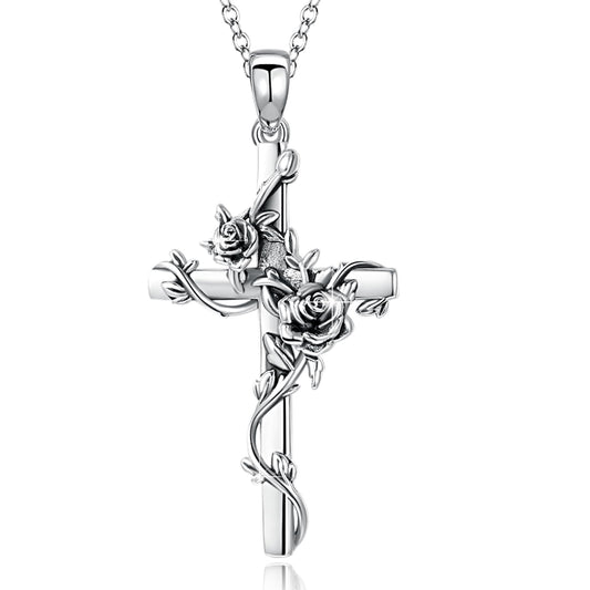 Cuoka Cross Necklace - 925 Sterling Silver Rose/Sunflower/Tree of Life/Family Tree Cross Pendant Jewelry - Spiritual Symbol of Religion Faith Love & Family Connection Beautiful Gift for Women Moms and ChristmasThanksgiving Day Baptism Special Occasions