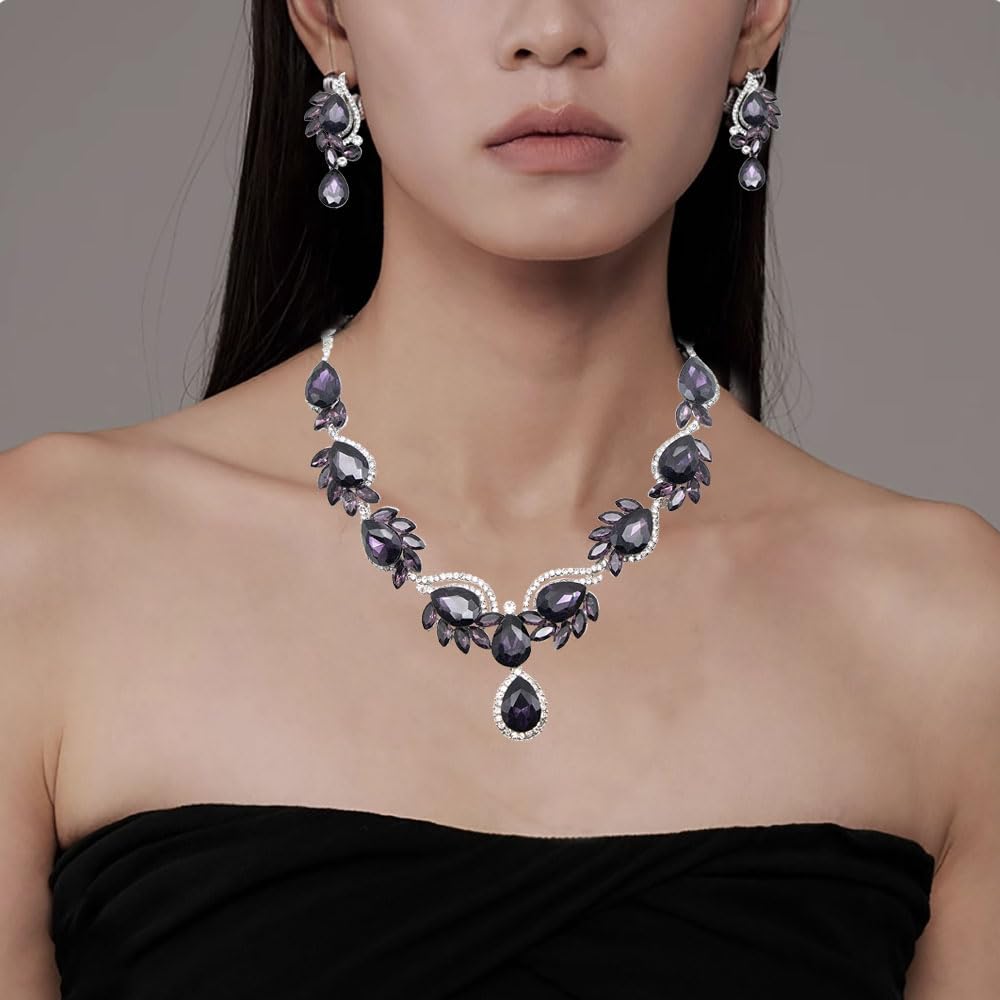 Qlavoca Elegant Crystal Jewelry Set for Women Teardrop Rhinestone Necklace and Dangle Earrings Set for Bridal Evening Prom Jewelry (Purple)
