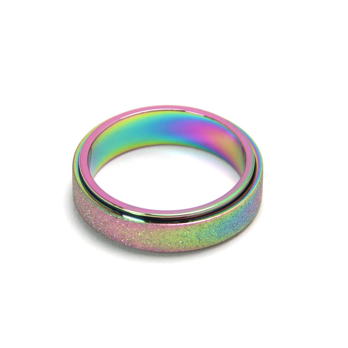 OreilleStar Anxiety Ring for Women Fidget Spinner Ring Fidget Toys Adults Titanium Stainless Steel Thumb Ring 6mm Wide Rainbow Size 9
