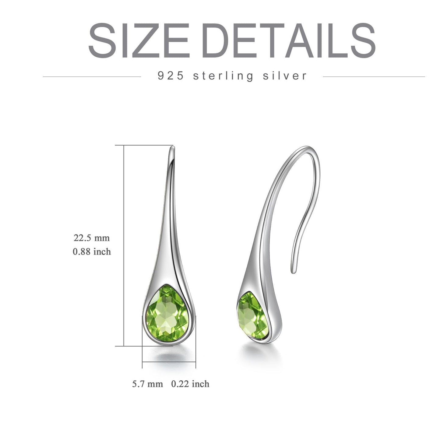 925 Sterling Silver Pear-Shaped Hook Earrings with Simulated Peridot Green Birthstone Crystals, Teardrop August Birthstone Jewelry Gifts for Women Wife Mom
