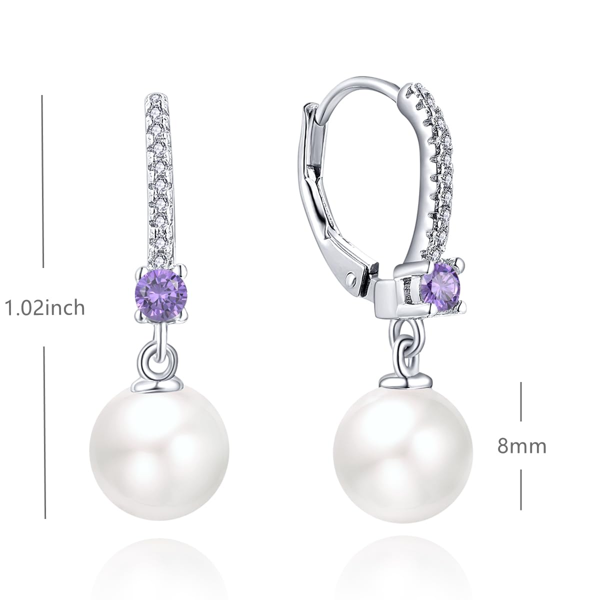 JO WISDOM Pearl Earrings,925 Sterling Silver 3A CZ February Birthstone Amethyst Color 8mm Pearl Leverback Drop Earrings,Jewelry for Women
