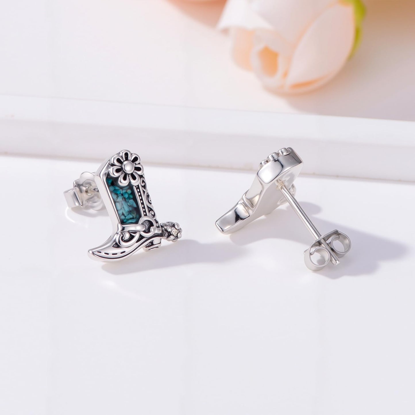 KoyeKei Cowgirl Boot Earrings 925 Sterling Silver Cowboy Texas Boot Stud Earrings Western Turquoise Cowboy Carter Jewelry Country Graduation Gifts for Mom Women