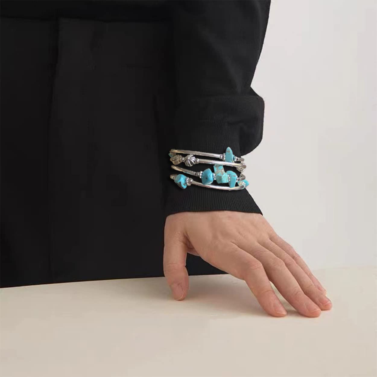 FULU AUTUMN Stone Silver Bangle Wrap Bracelet Boho Turquoise Crystal Chips Bead Bracelets Fashion Jewelry Birthday Gifts for Women(19-Turquoise)