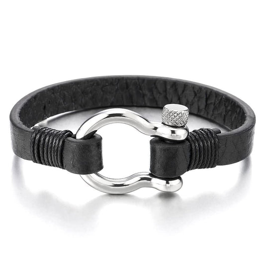 COOLSTEELANDBEYOND Nautical Anchor Black Leather Bracelet for Men and Women, Stainless Steel Screw Shackle, Leather Wrap Wristband, Sailing, Maritime, Ocean-Inspired Jewelry