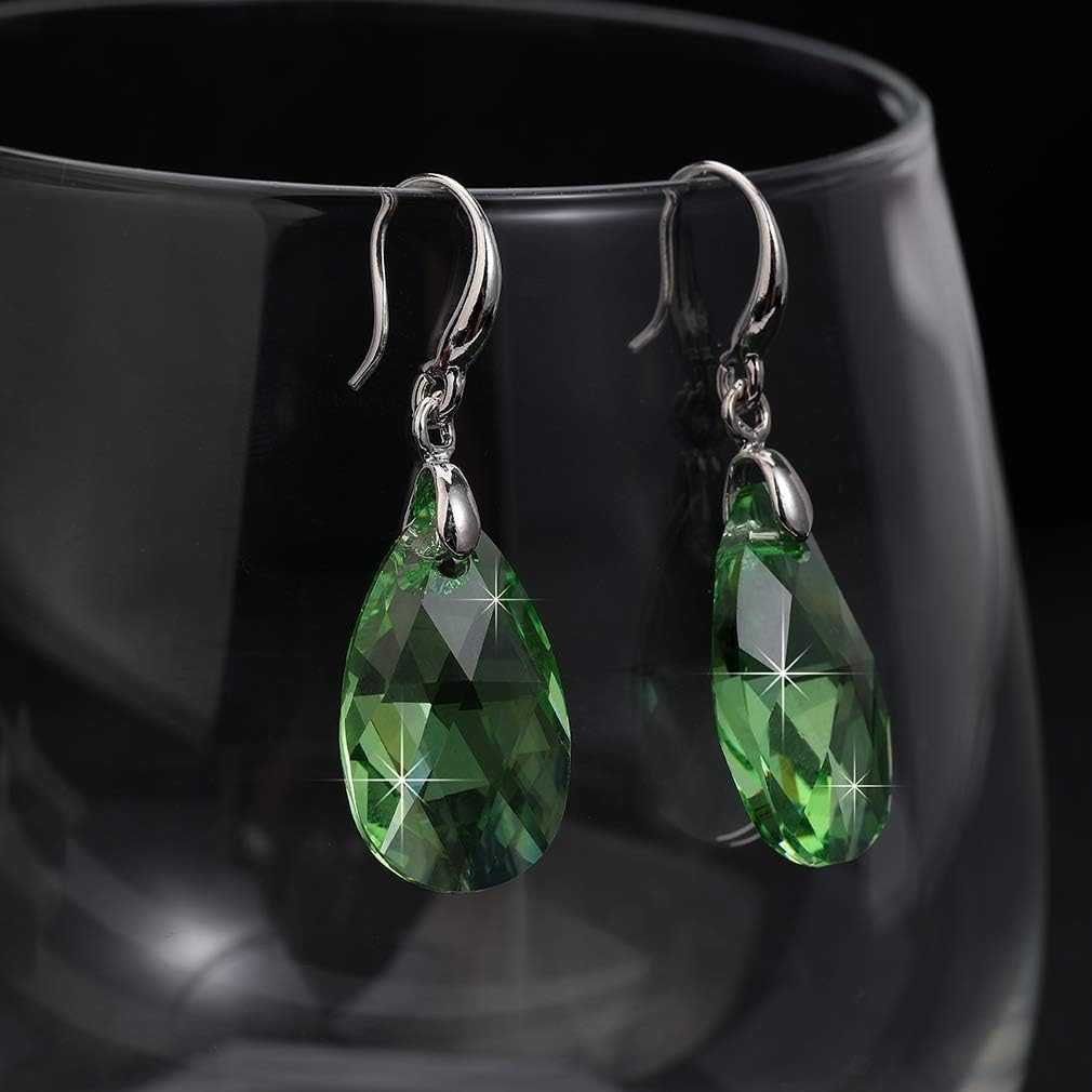Austrian Crystal Teardrop Dangle Hook Earrings for Women 14K Gold Plated Hypoallergenic Jewelry (Green)