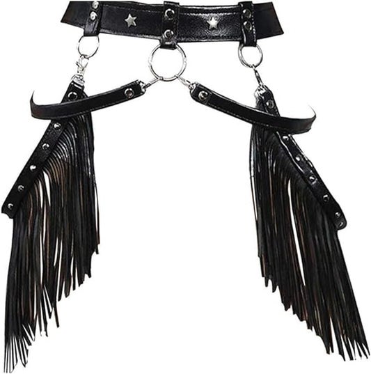 Pinwe Women Body Harness Garter Punk Leather Waist Belts with Fringe Gothic Leg Tassel Belt for Dress Festival Dance Consume