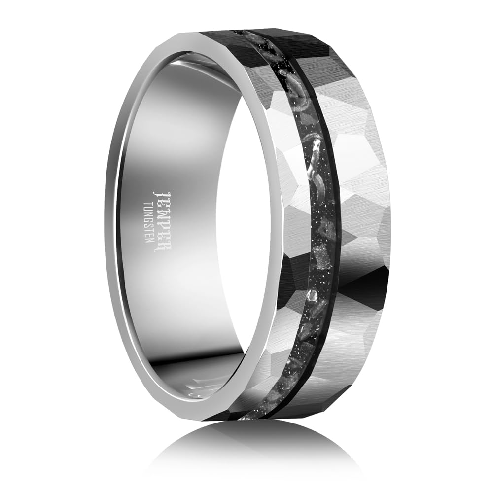 JEWPER 8mm Men Womens Wedding Band Tungsten Rings silver Hammer pattern Fashion Promise Carbide Inlaid Iron Filings Matte Finish Edge Comfort Fit size(7)
