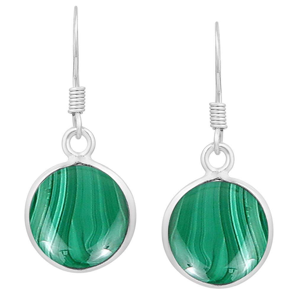 Natural Malachite 925 Silver Plated Dangle Earrings for Women - Round Shape Green Color Gemstone September Birthstone Handmade Jewelry Earrings - Mother's Day Gift for Mom