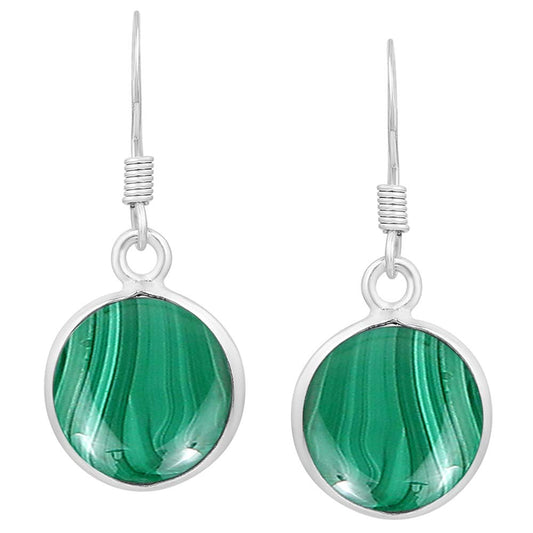 Natural Malachite 925 Silver Plated Dangle Earrings for Women - Round Shape Green Color Gemstone September Birthstone Handmade Jewelry Earrings - Mother's Day Gift for Mom