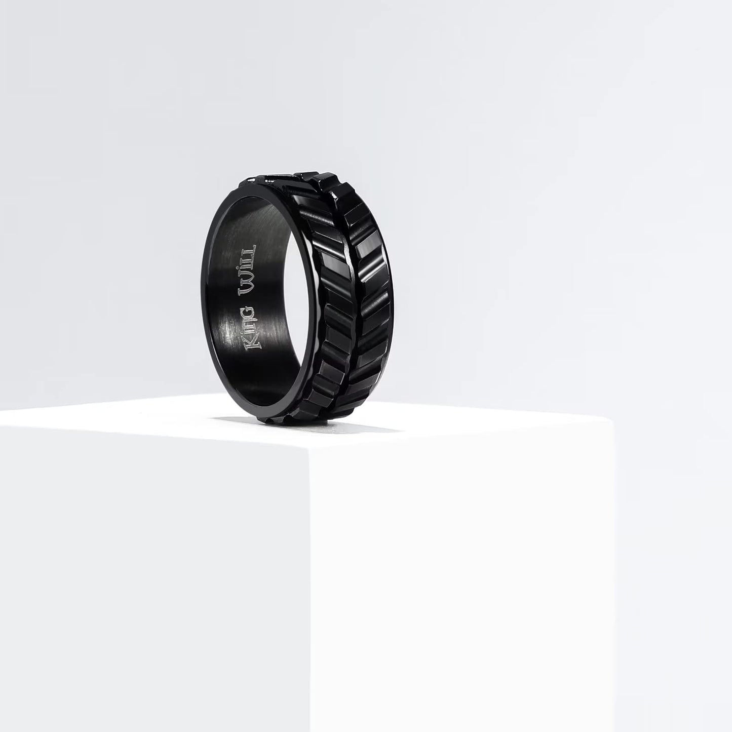 King Will Mens Black 8mm Spinner Rings Tire Stripe Groove Stainless Steel Anxiety Fidget Ring for Men Groove 12
