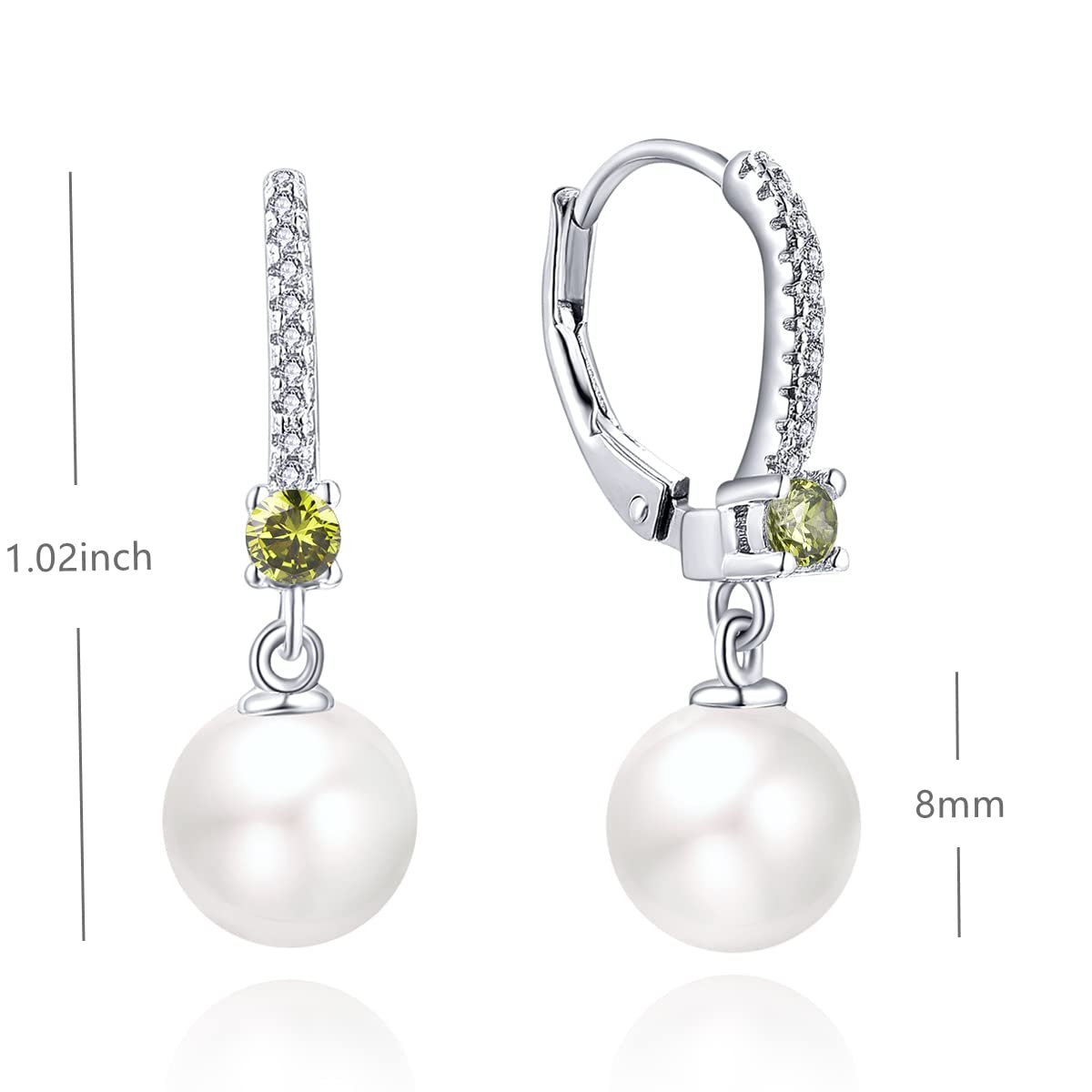 JO WISDOM Pearl Earrings,925 Sterling Silver 8mm Pearl Leverback Drop Earrings with 3A CZ August Birthstone Peridot Color,Jewelry for Women
