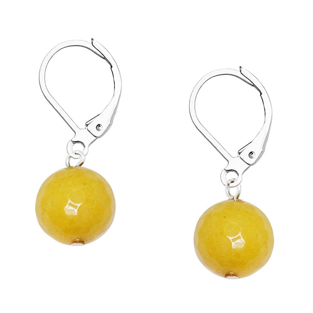 Falari 10mm Round Natural Stone Earring High Polished Rhodium Leverback Yellow Agate