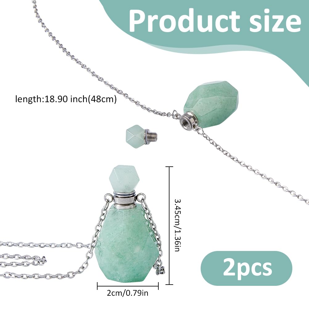 SUPERFINDINGS 2Pcs Perfume Bottle Necklace Essential Oil Diffuser Necklace Natural Green Aventurine Perfume Bottle Pendant with 304 Stainless Steel Chain Gemstone Vial Pendant for Woman Men