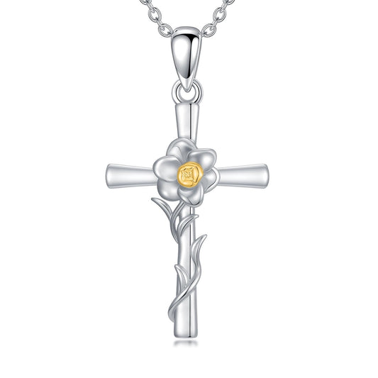 Cargari Daffodil Necklace for Women Sterling Silver Daffodil Cross Pendant Birth Flower Cross Necklace Jewelry Gifts for Women