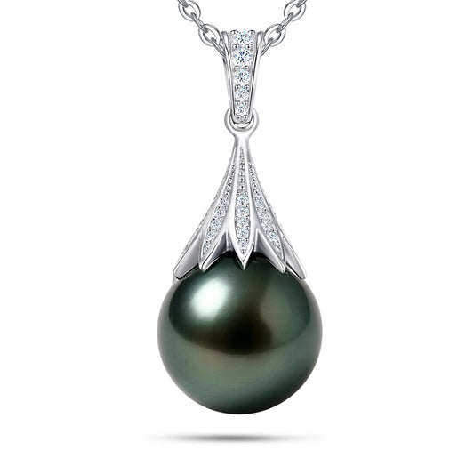 Natural Tahitian Black Pearl Necklace 10-11mm - Christmas Gift for Women Wife, Mom, daughter, Jewelry Gifts for Wedding Anniversary Birthday, Seawater Pearl with Sterling Silver Moissanite Pendant
