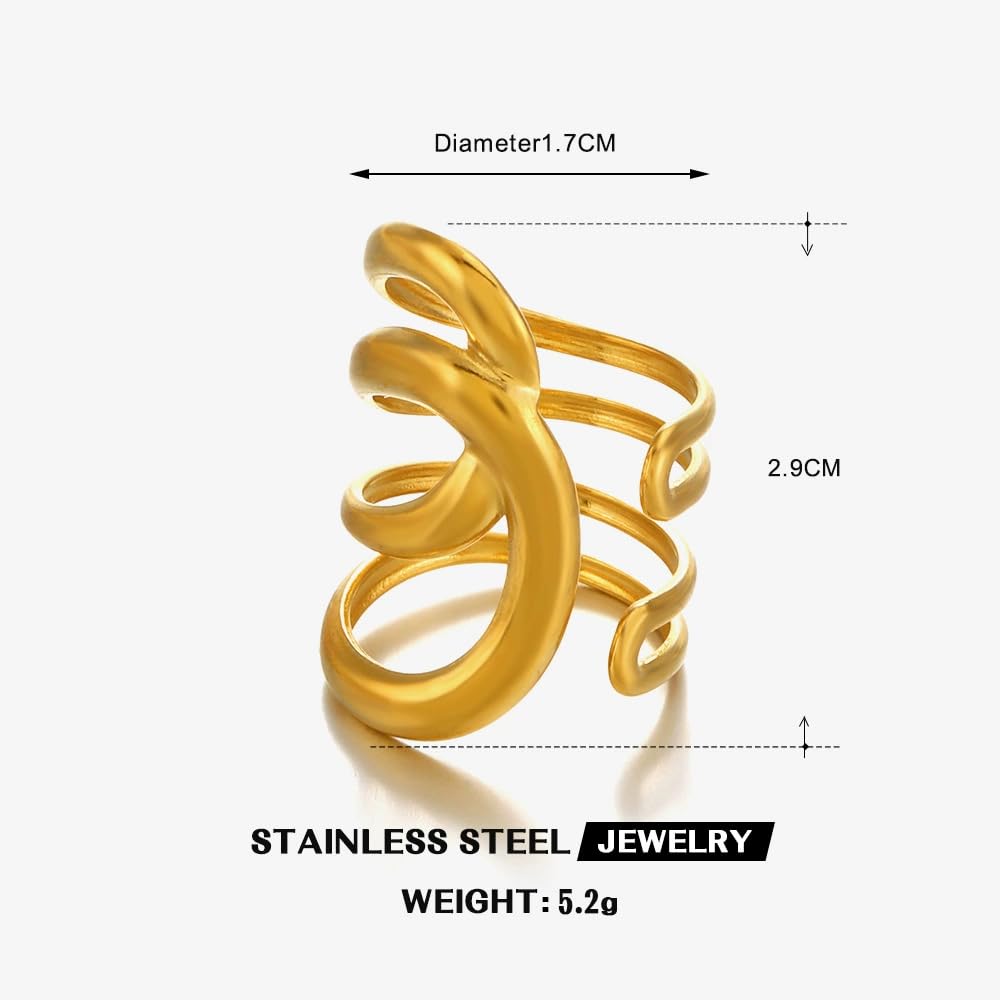AIETUE Chunky Rings For Women, Gold Silver Thumb Ring Asymmetrical Wavy Curve Ring Adjustable Non Tarnish Dainty Stainless Steel New Year Anniversary Birthday Jewelry Gift (Trendy Gold #6)