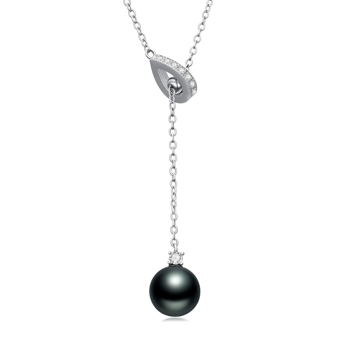 Black Pearl Necklace for Women 9-10mm Tahitian Single Pearl Y-Shaped 18k White Gold Plated Silver 18+2 Inches Adjustable