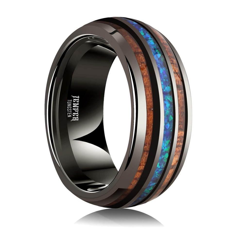 JEWPER 8mm Men Womens Wedding Band Tungsten Rings dark gun black Fashion Promise Carbide Inlaid blue opal koa Matte Finish Edge Comfort Fit Size(7)