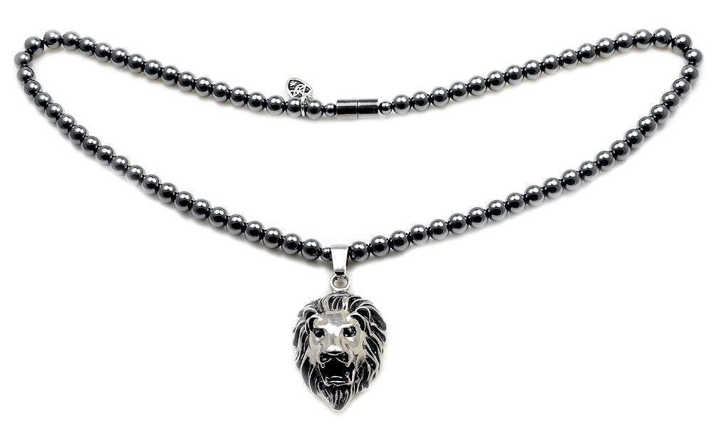 Accents Kingdom Men's Hematite Therapy & Healing Stone Round Bead Necklace With Stainless Steel Lion Head Pendant 24"