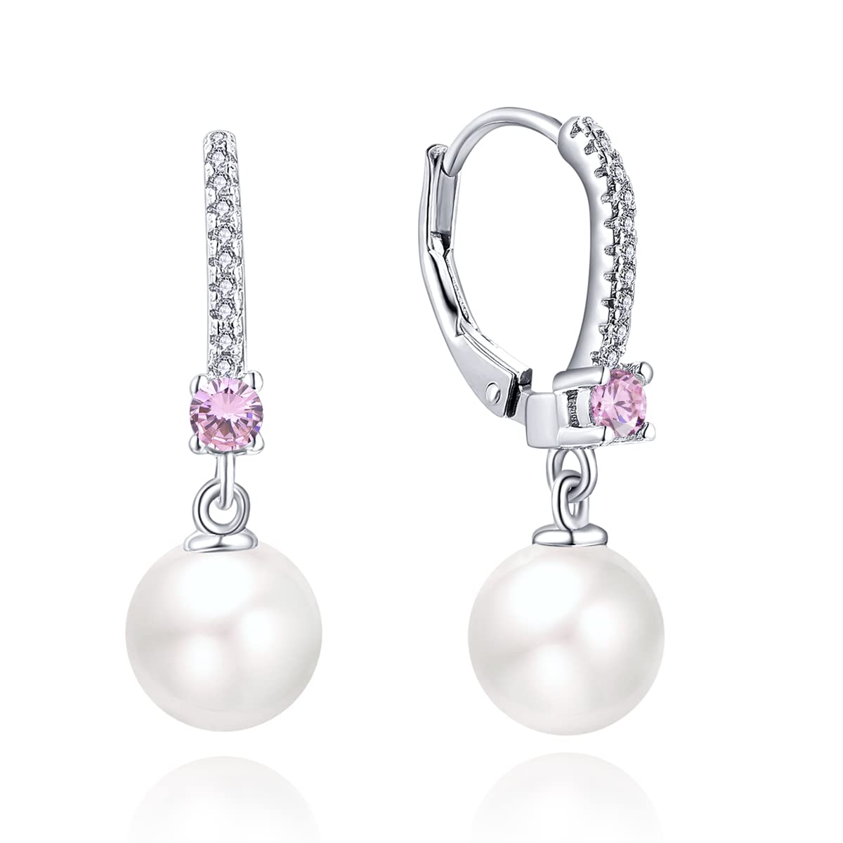 JO WISDOM Pearl Earrings,925 Sterling Silver 3A CZ March Birthstone Aquamarine Color 8mm Pearl Leverback Drop Earrings,Jewelry for Women