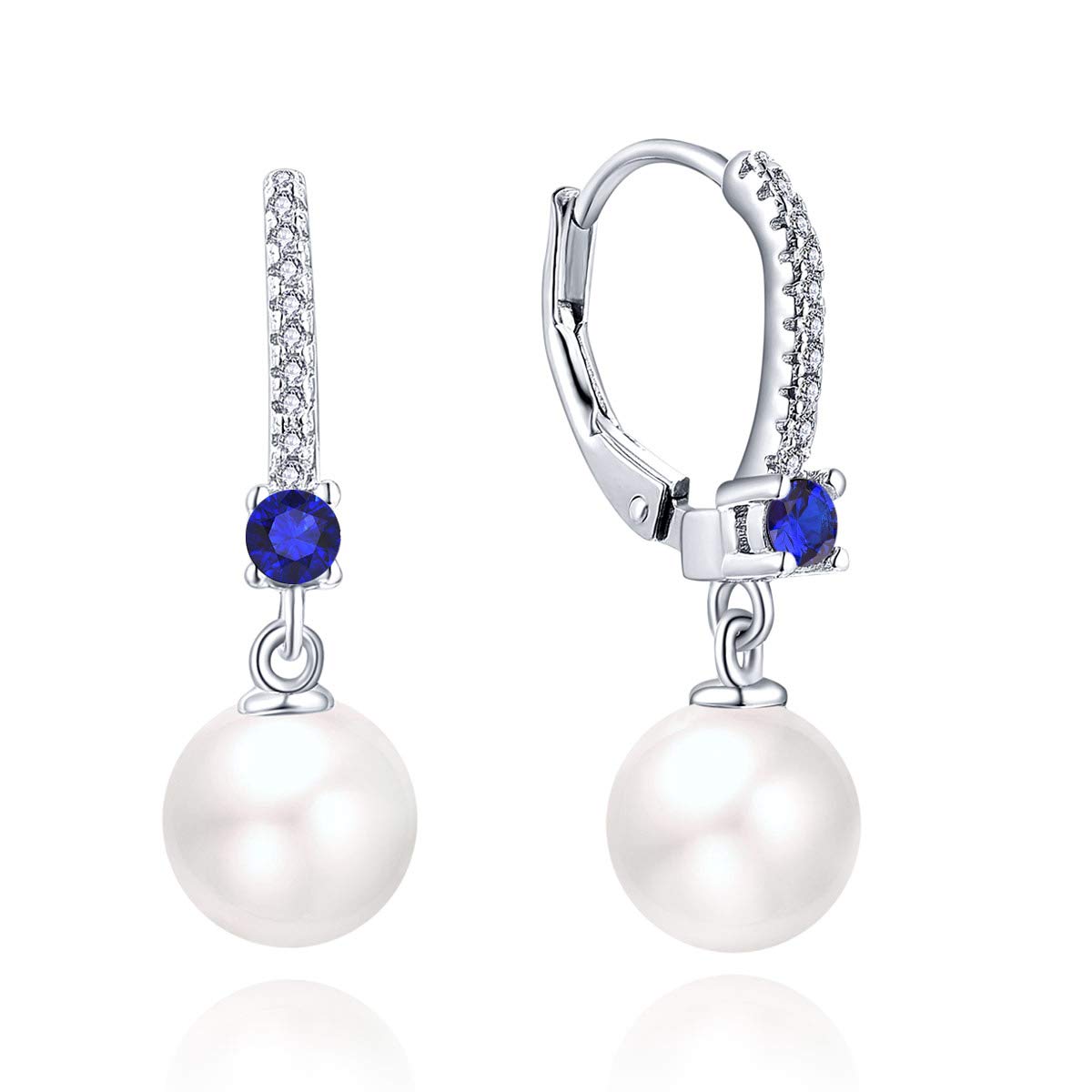 JO WISDOM Pearl Earrings,925 Sterling Silver 8mm Pearl Leverback Drop Earrings with 3A CZ September Birthstone Sapphire Color,Wedding Earrings