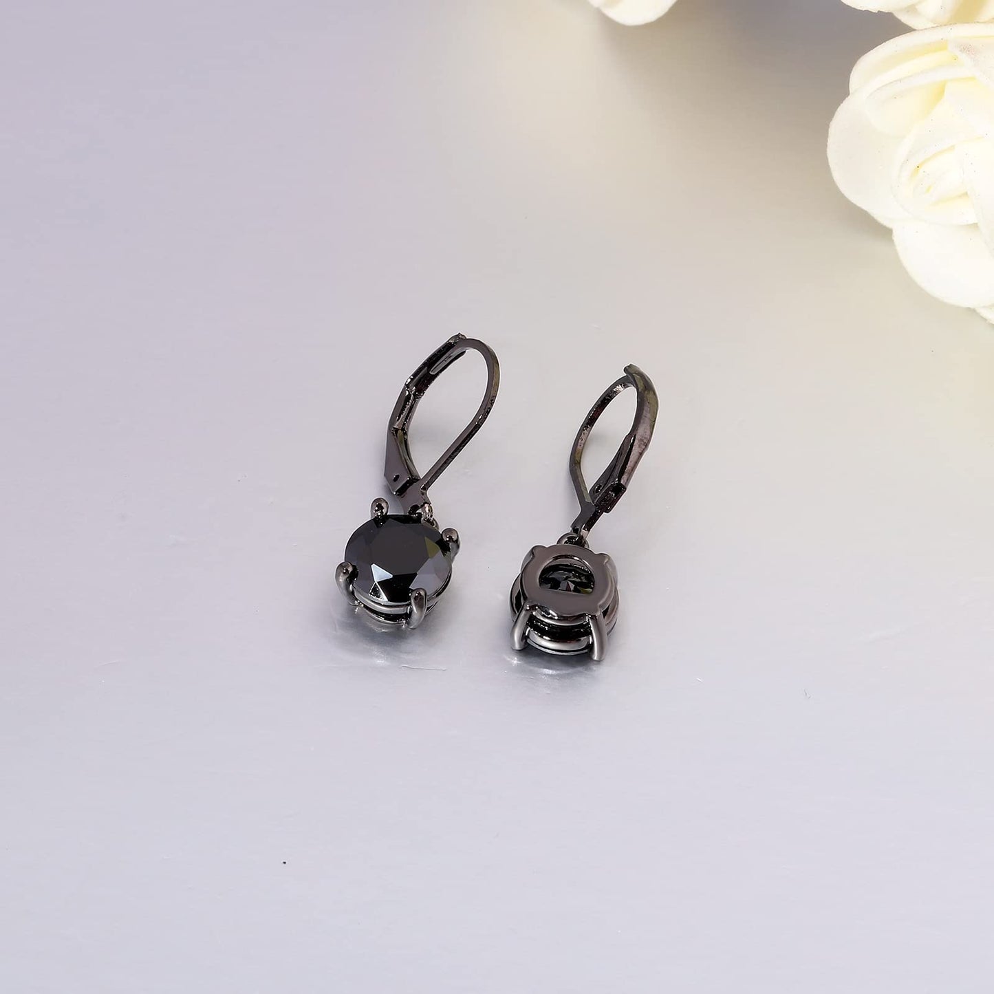 CiNily Leverback Dangle Earrings for Women Ladies Pendant Earrings 14K Black Gold Plated Drop Earring Black Created Crystal Dangle Earrings for Sensitive Ears Hypoallergenic Jewelry 8 mm