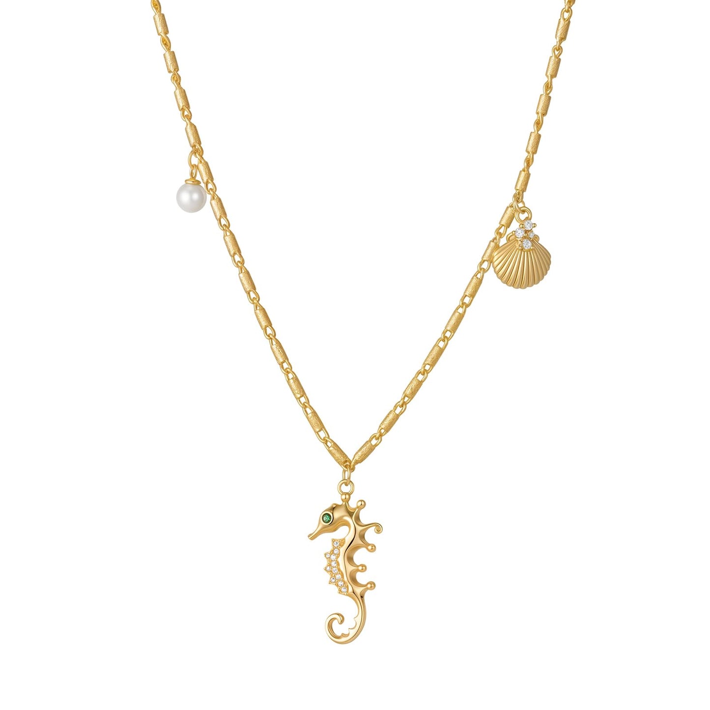 MEVECCO Dainty Gold Seahorse Pendent Necklace for Women 18K Gold Plated Cubic Zircon Cute Shell Pearl Hang Chain Necklace Boho Handmade Ocean jewelry