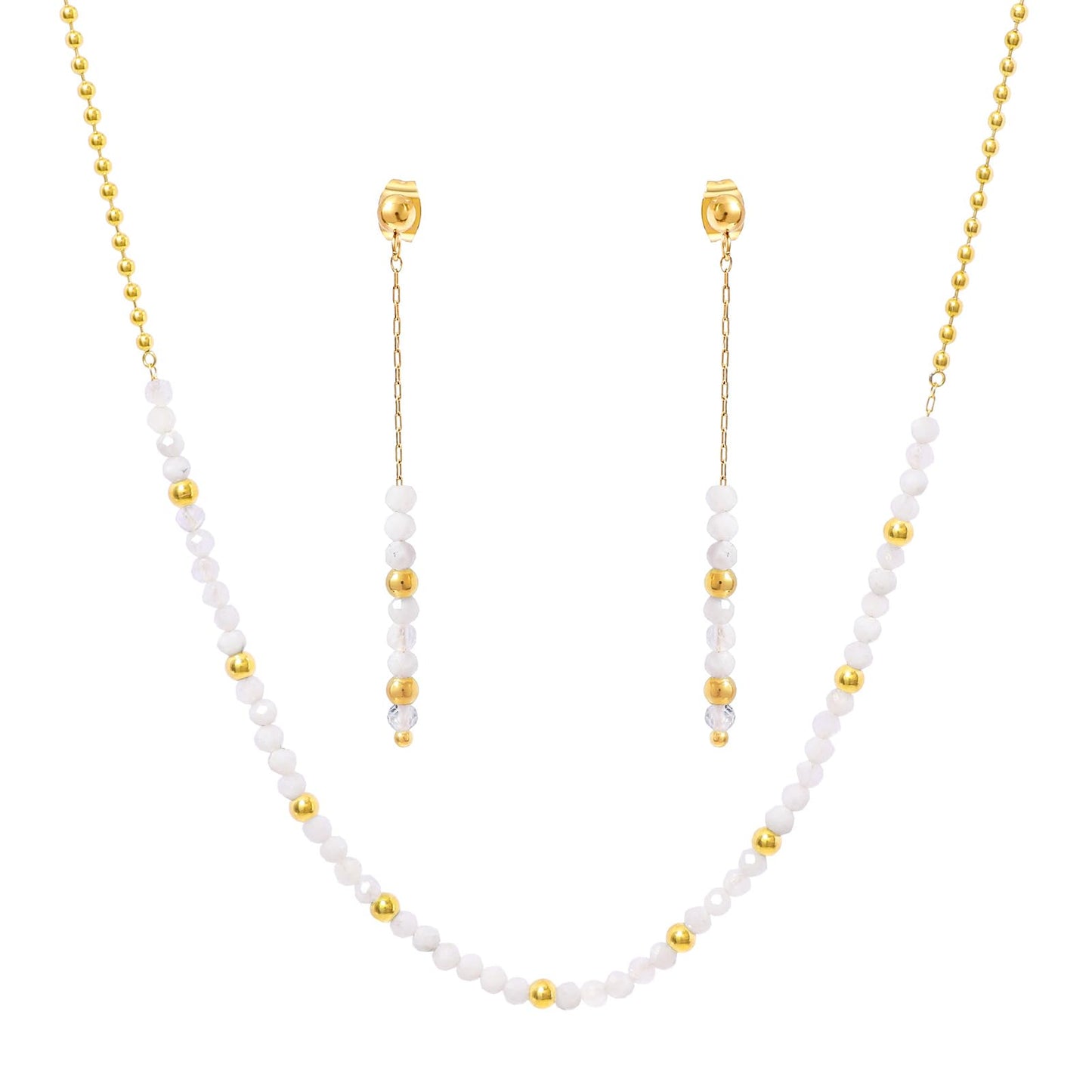 TaYolnFaSo Round Moonstone Beads Jewelry Set for Women 18K Gold Plated White Moonstone Necklace and Earrings Set Gift for Her