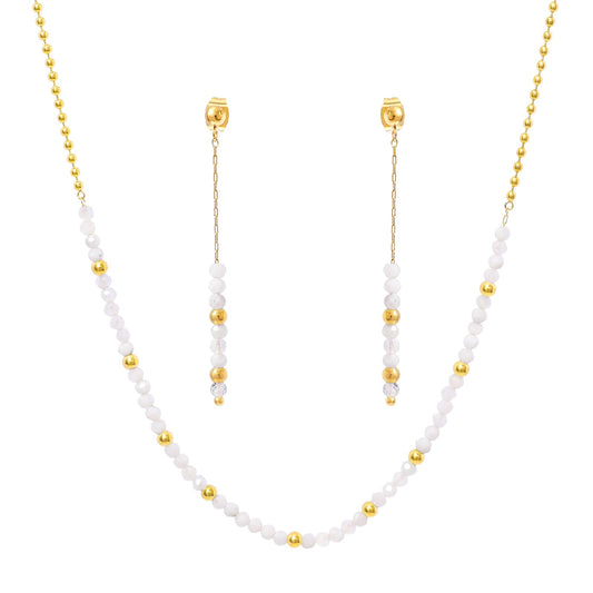 TaYolnFaSo Round Moonstone Beads Jewelry Set for Women 18K Gold Plated White Moonstone Necklace and Earrings Set Gift for Her
