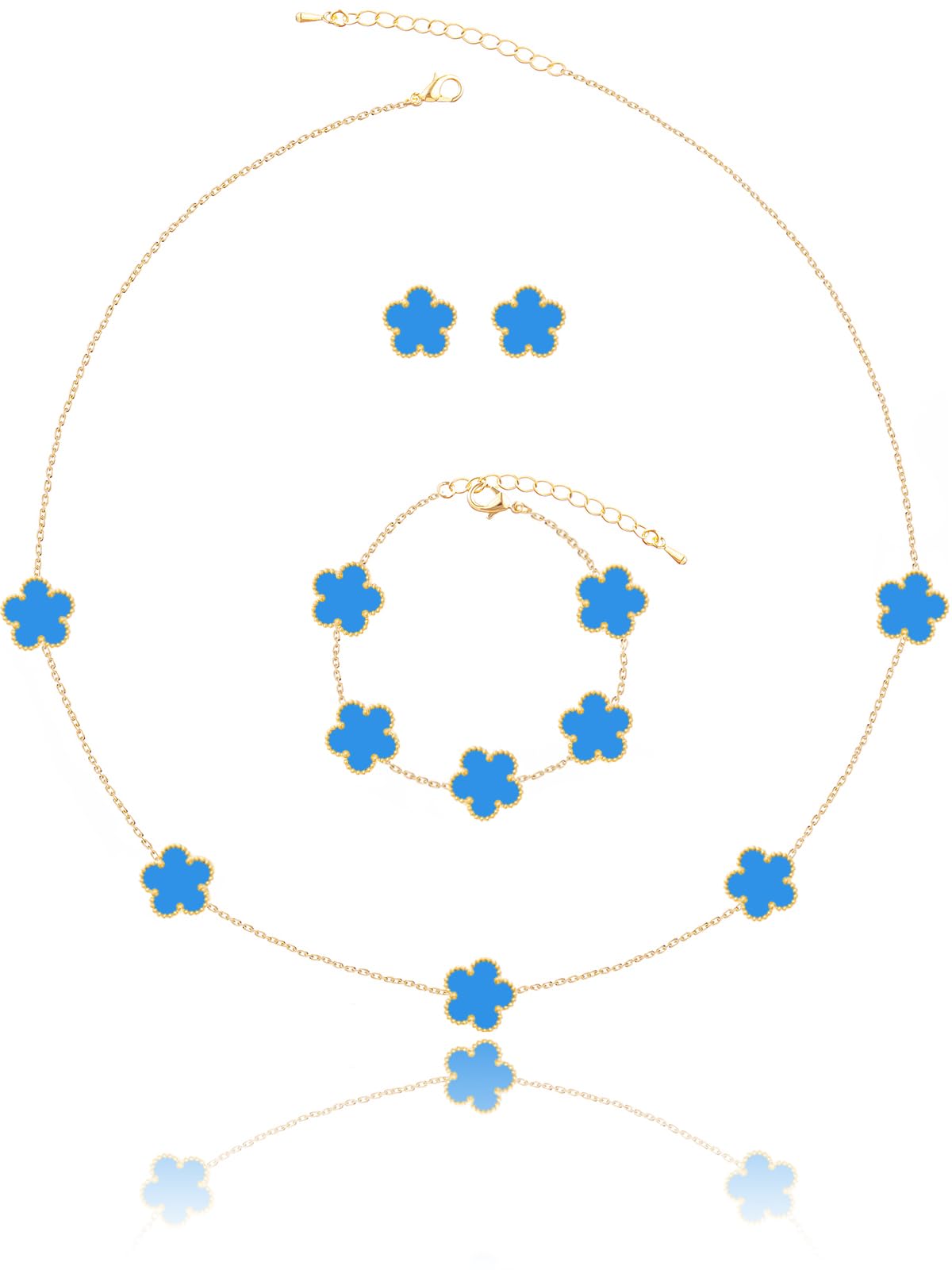 Qinpan Five Leaf Clover Necklace Bracelet and Stud Earrings Set for Women Lucky Flower Jewelry (Blue-14K Gold Plated)
