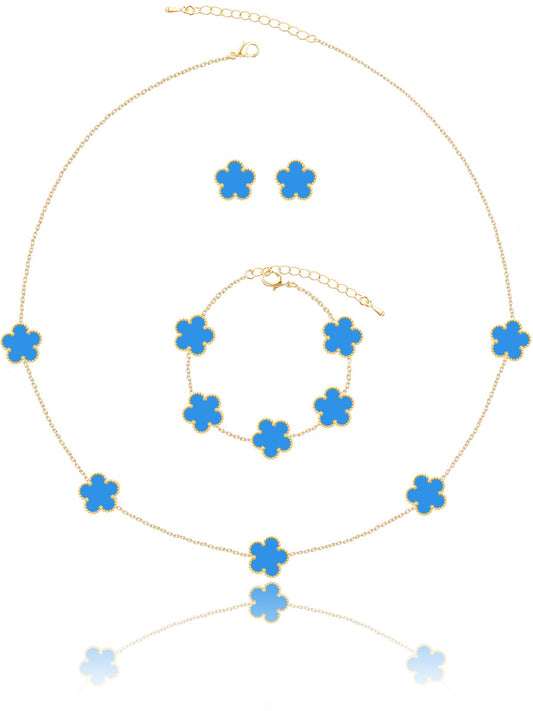 Qinpan Five Leaf Clover Necklace Bracelet and Stud Earrings Set for Women Lucky Flower Jewelry (Blue-14K Gold Plated)