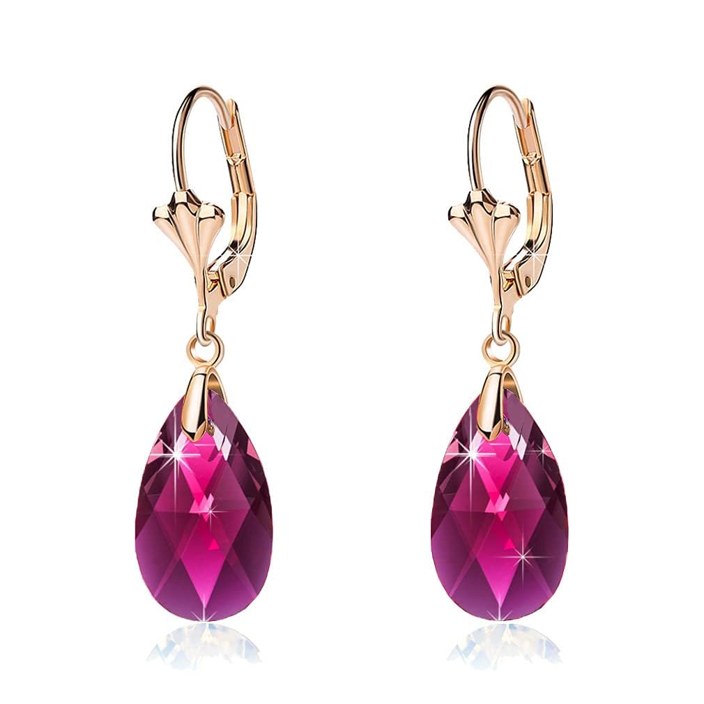 Austrian Crystal Teardrop Leverback Dangle Earrings for Women Fashion 14K Gold Plated Hypoallergenic Jewelry (Fuchsia)