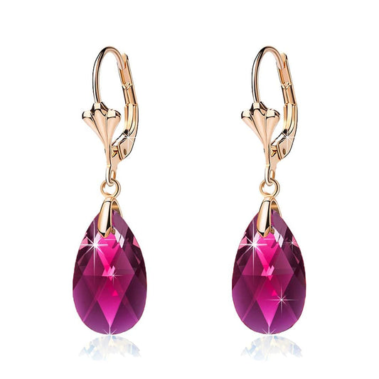 Austrian Crystal Teardrop Leverback Dangle Earrings for Women Fashion 14K Gold Plated Hypoallergenic Jewelry (Fuchsia)
