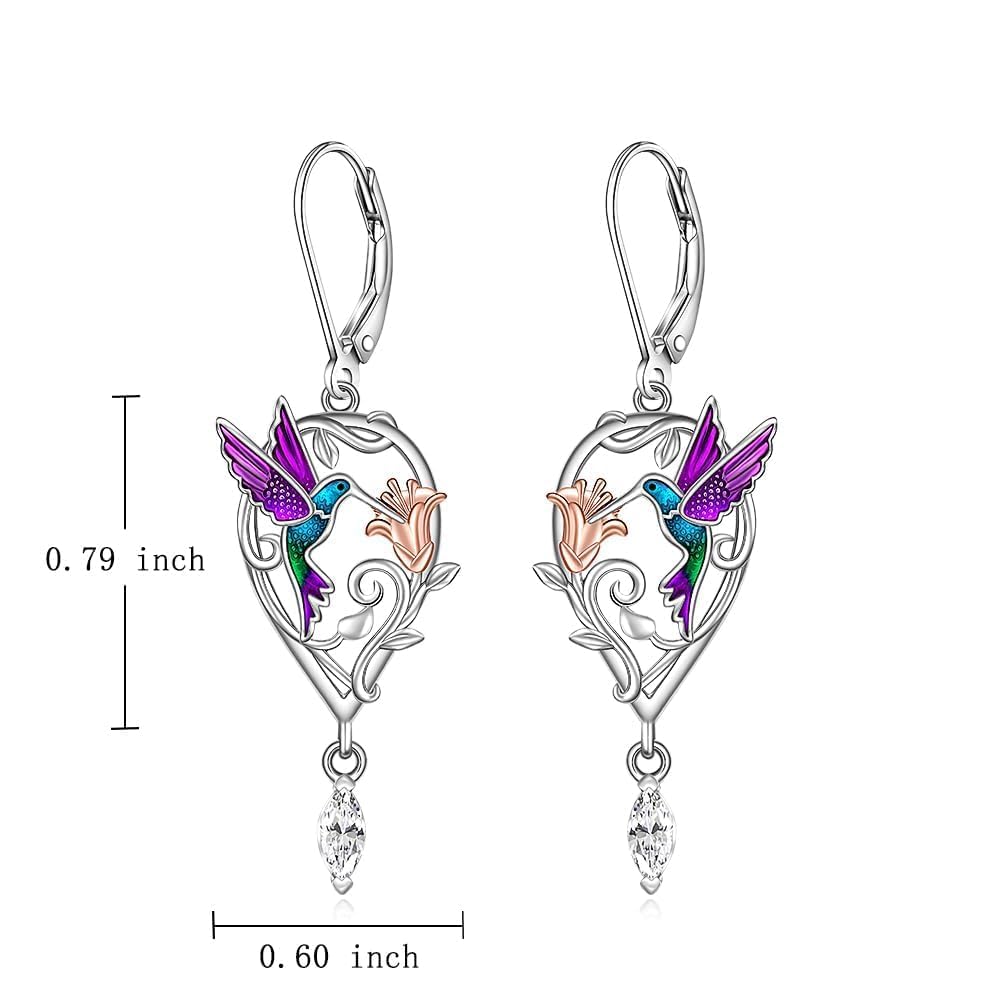 Hummingbird Earrings Purple Hummingbird Earrings for Women Sterling Silver Flower Teardrop Zircon Dangle Bird Jewelry Memorial Mothers Day Christmas Healing Gifts
