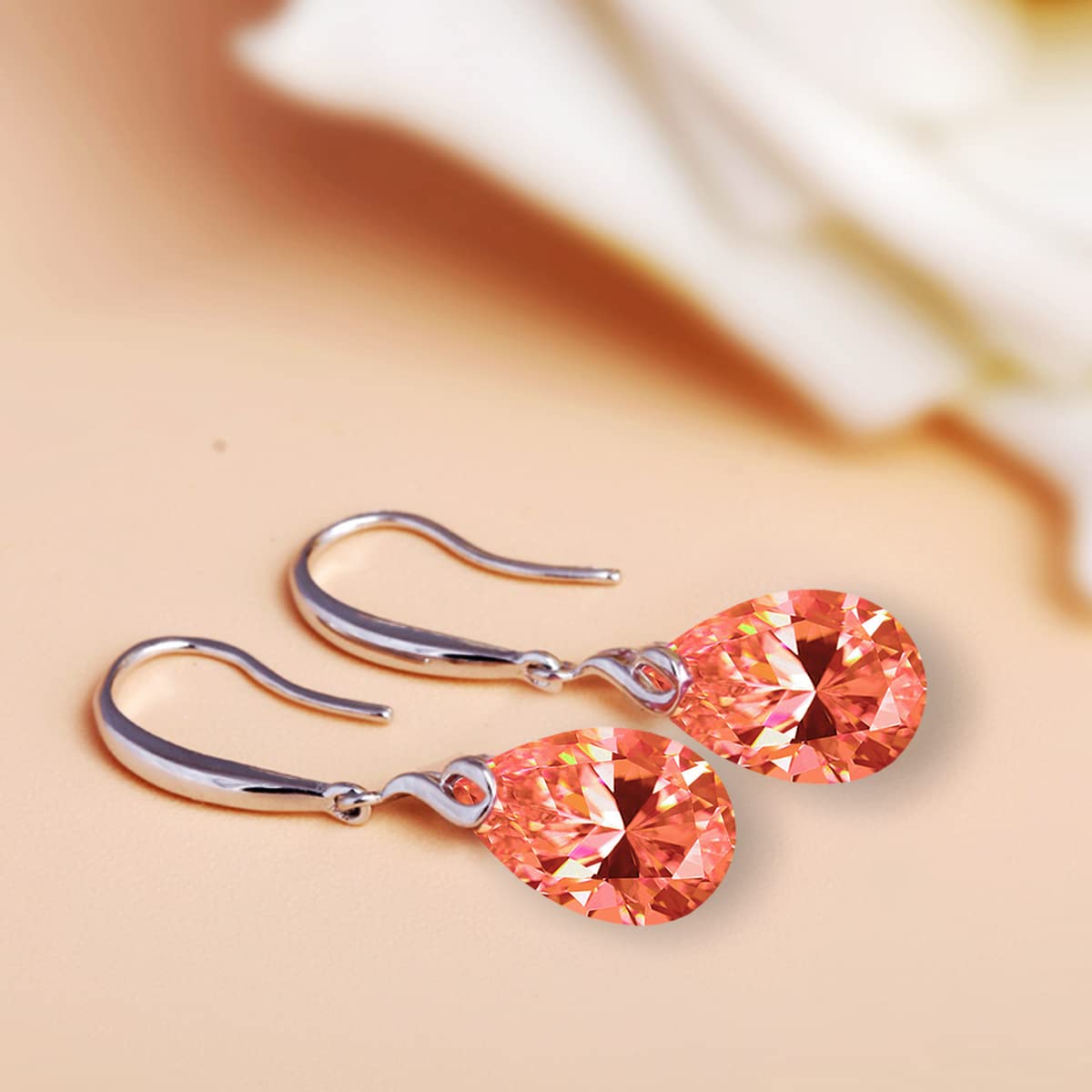 Silver Dangle Earring 14k White Gold Plated 925 Sterling Silver 12mm Pear Shape Naked Drill Crystal Drop Earrings For Women (Pear Shape-Champagne)