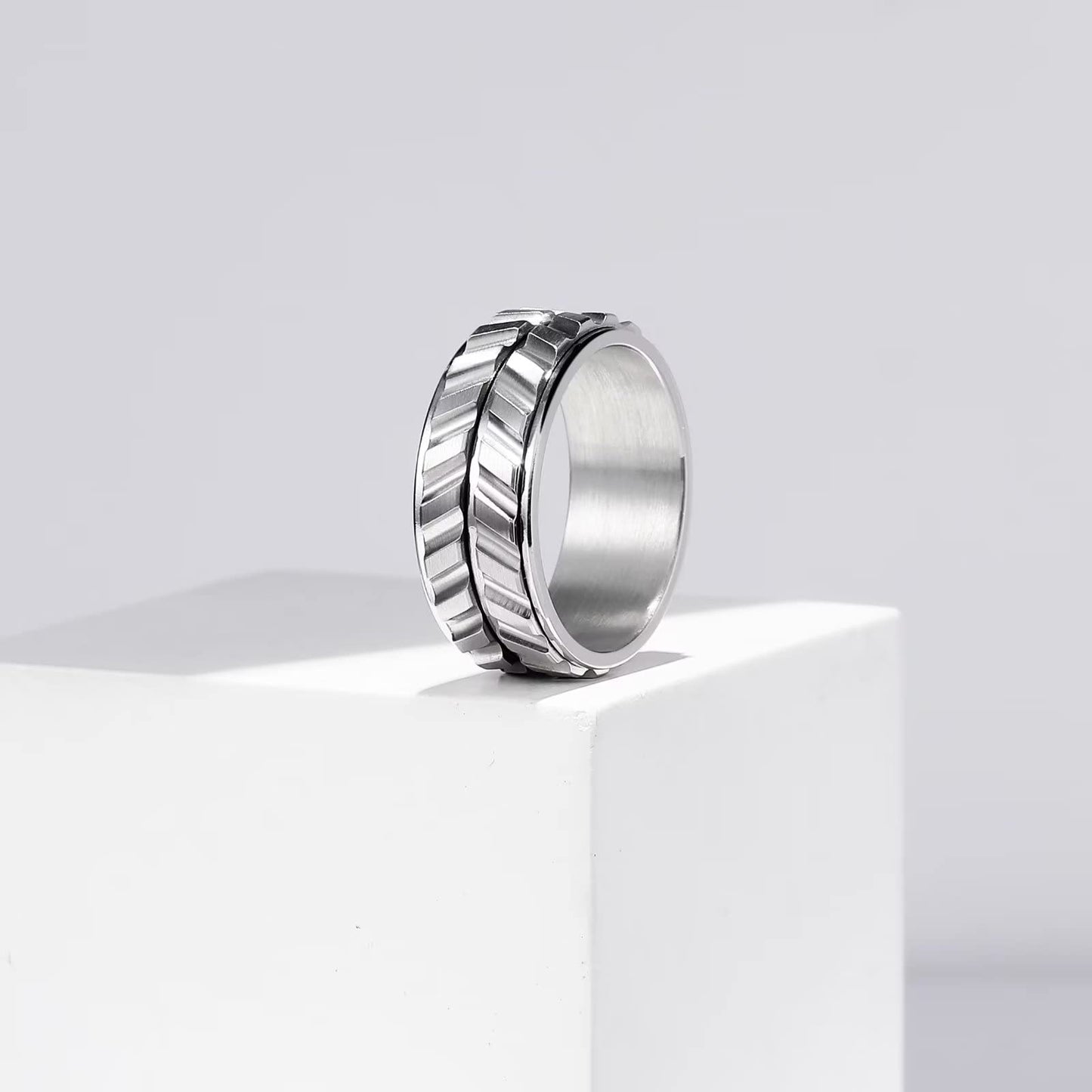 King Will Mens Silver 8mm Spinner Rings Tire Thread Stainless Steel Groove Anxiety Fidget Ring for Men 8