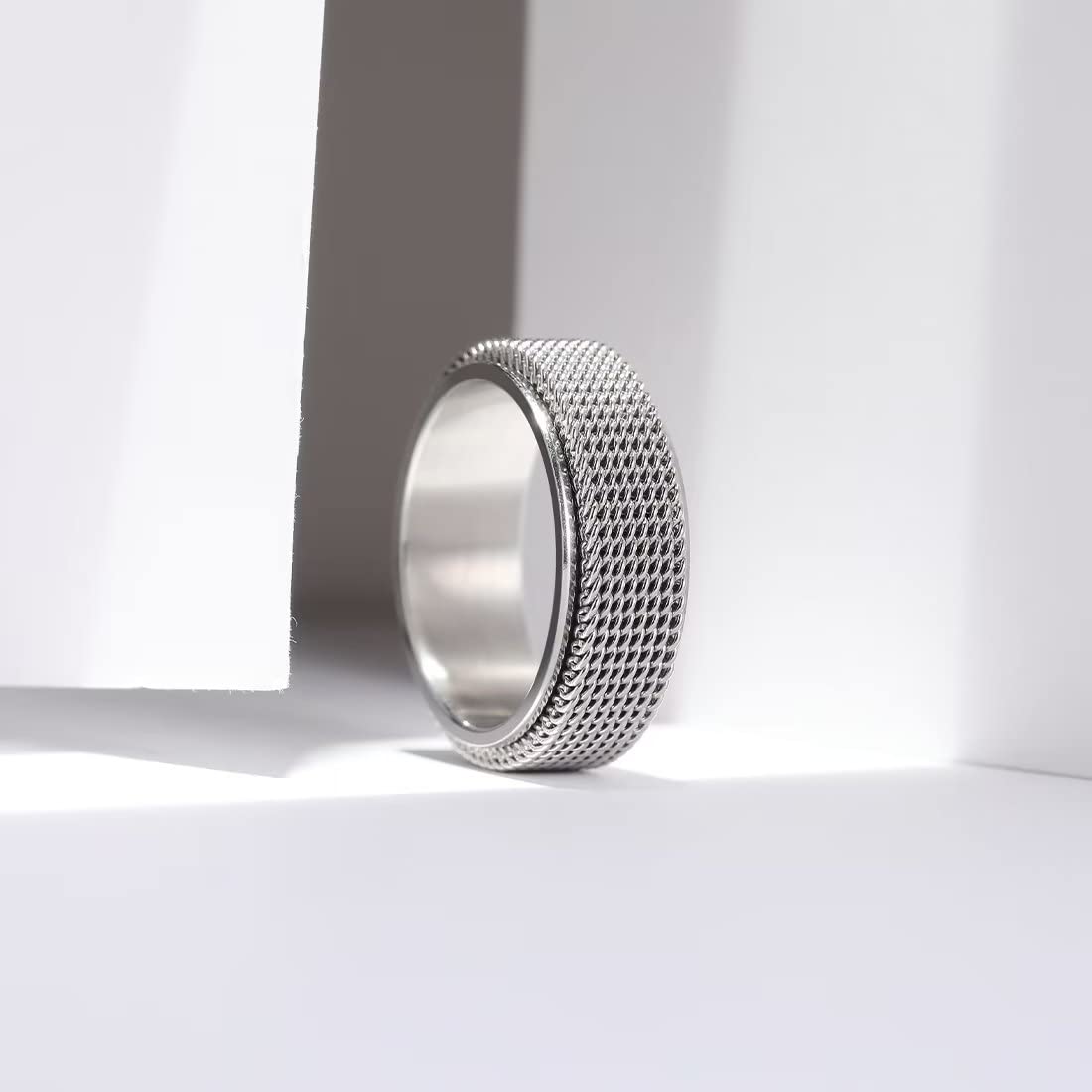 King Will Silver 8mm Spinner Chain Stainless Steel Anxiety Ring for Women Men Wedding Band Fidget Ring Woven Mesh 11