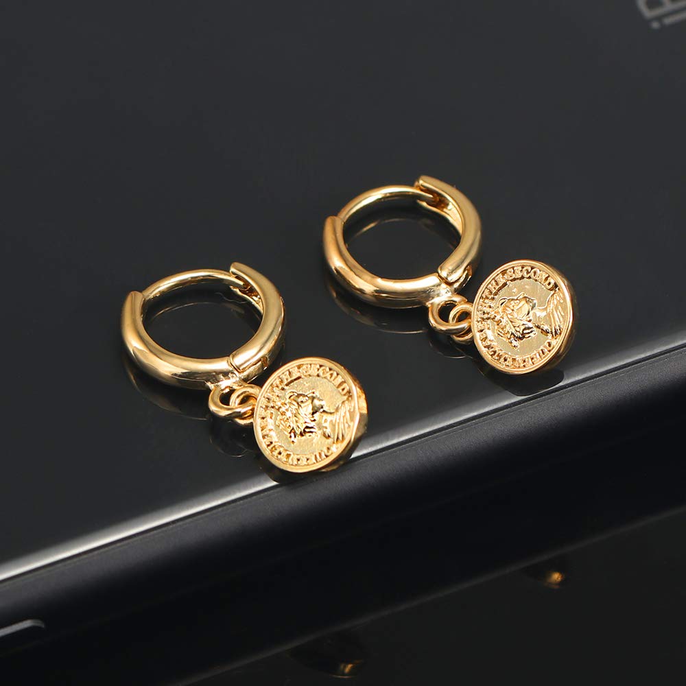 Small Hoop Coin Dangle Drop Hoop Earrings With Small Charm for Women Fashion 18K Yellow Gold Plated Vintage Elegant Dangling Jewelry