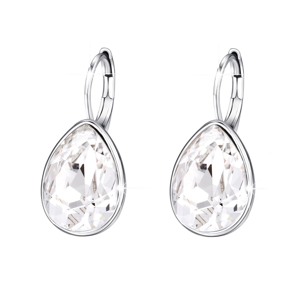 Xuping Jewelry Huggies Crystal Teardrop Earrings for Women Clear Crystals Leverback Silver Earring Fashion Party Jewelry Gifts (White)