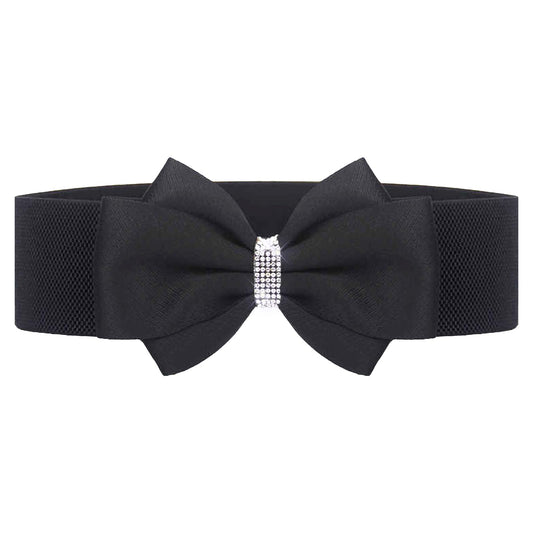 Choleeki Women's Elastic Bow Belt Wide Rhinestone Stretch Belts Ladies Waist Accessories for Dress Jeans (black, S)