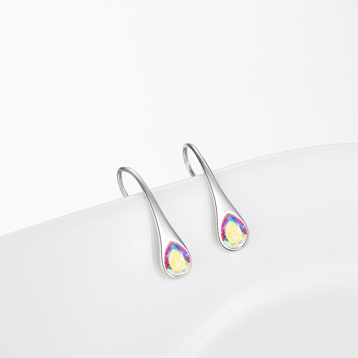 925 Sterling Silver Teardrop Earrings, Hypoallergenic Pear-Shaped Dangle Drop Earrings for Women with Aurora Borealis Crystals