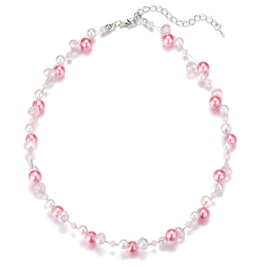 Short Beaded Turquoise Necklace For Women - Fashion Jewelry with Pearl and Crystal Bead, Birthday Gifts For Women (27-Plum Pink)