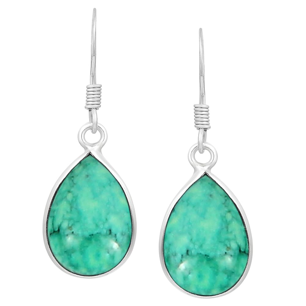 Natural Turquoise Sterling Silver Plated Dangle Earrings for Women - Green Stone December Birthstone Teardrop Shape Handmade Earrings Jewelry - Women's day Gifts for Her