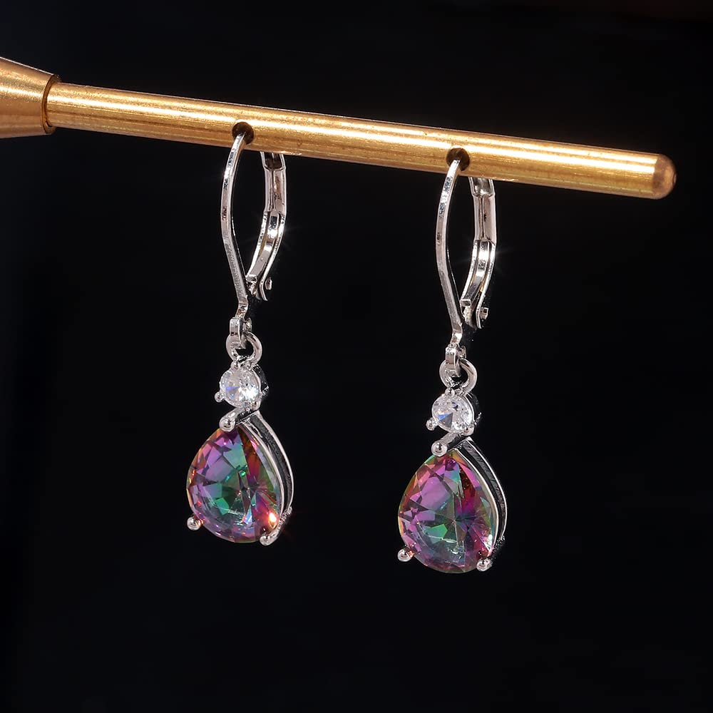 CiNily Womens Leverback Dangle Drop Earrings 14K White Gold Plated Hypoallergenic Mystic Rainbow Topaz Earrings