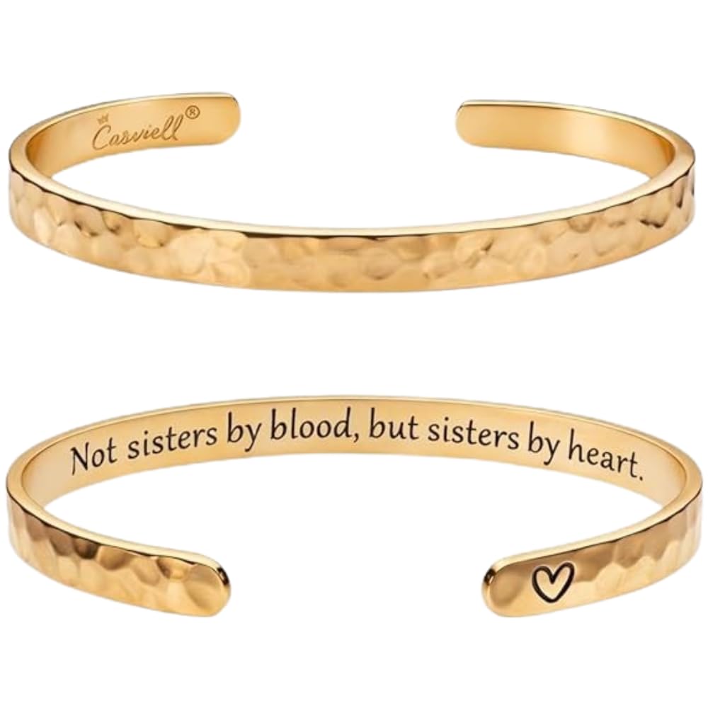 Carviell Gold Friendship Bracelet – “Not Sisters by Blood but Sisters by Heart” Engraved Cuff, Best Friend Jewelry Gift for Women & Teens, BFF Bracelet, Inspirational Stainless Steel Bangle